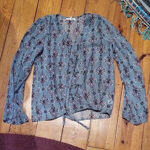 Blue Floral Sheer Tie Long Sleeve Blouse